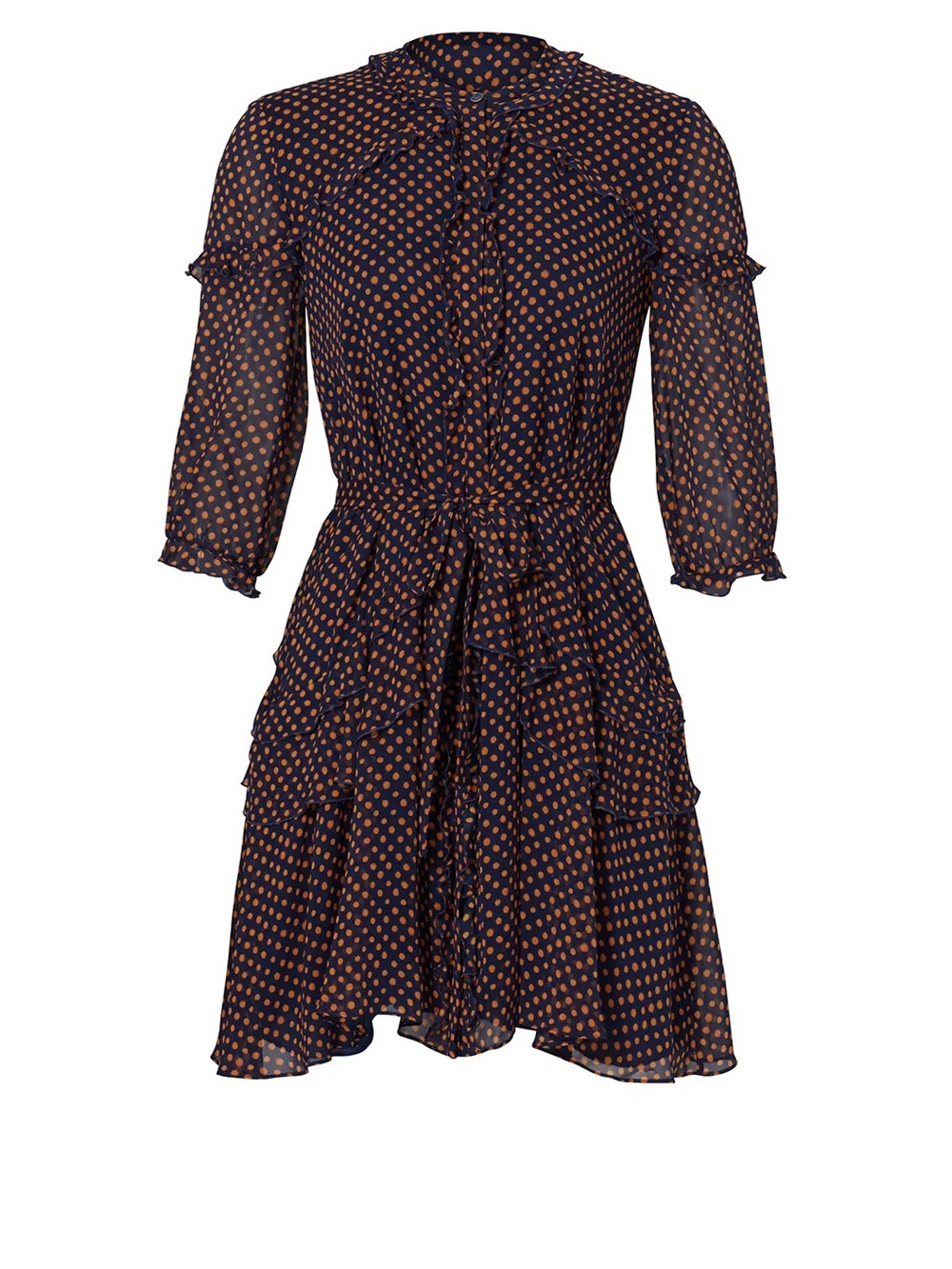 SALONI Navy and Orange Polka Dot Ruffle Tie-Neck Mini Dress